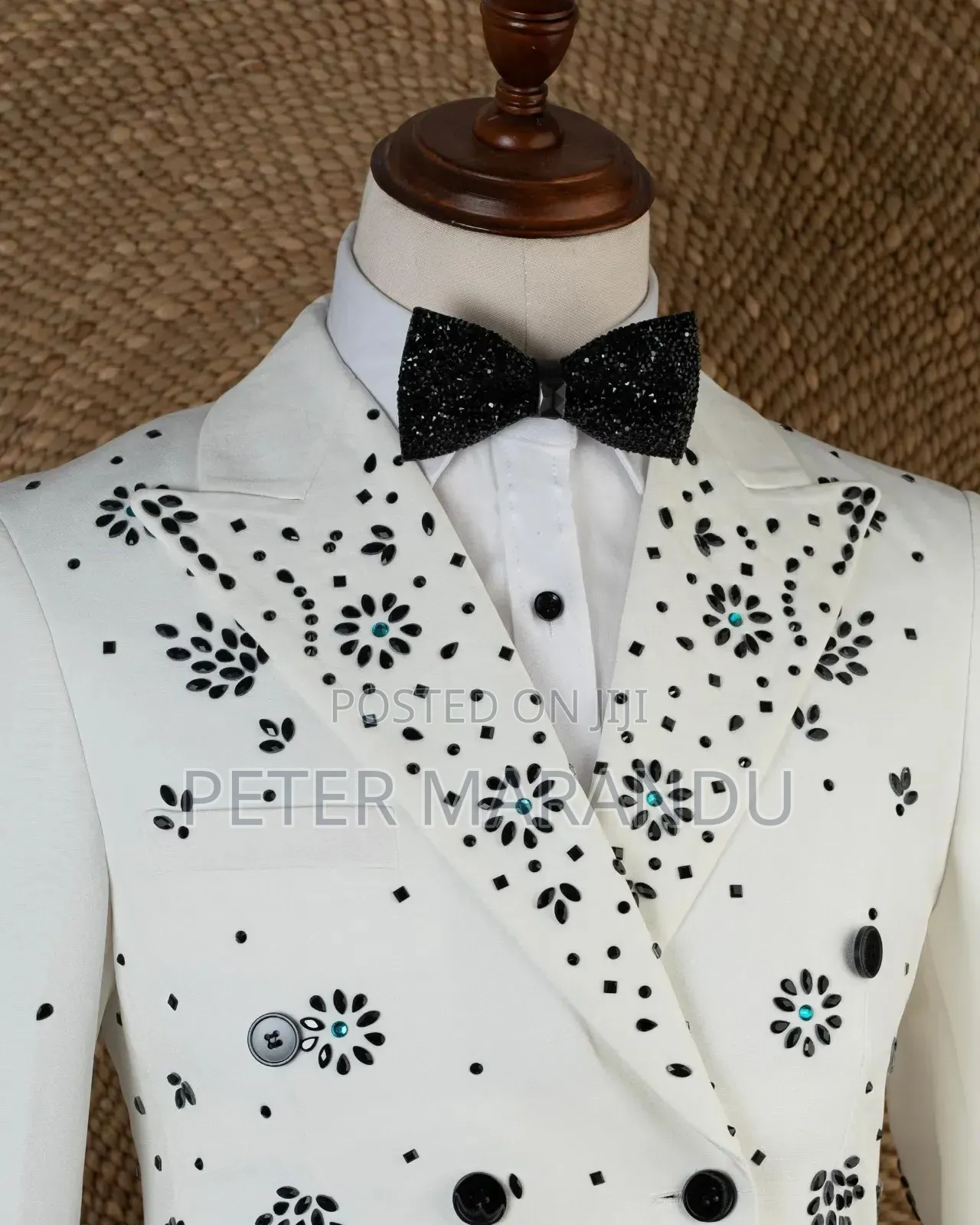 Premium White Double-Breasted Floral Tuxedo)