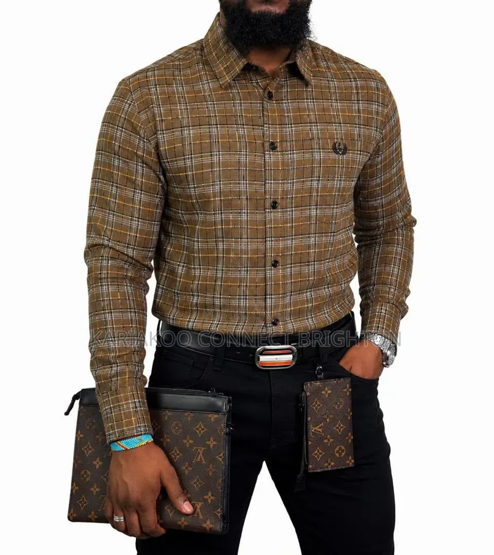 Brown and White Plaid Long-Sleeve Shirt