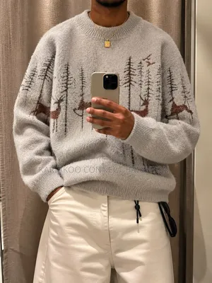 Grey Forest Deer Patterned Crewneck Sweater