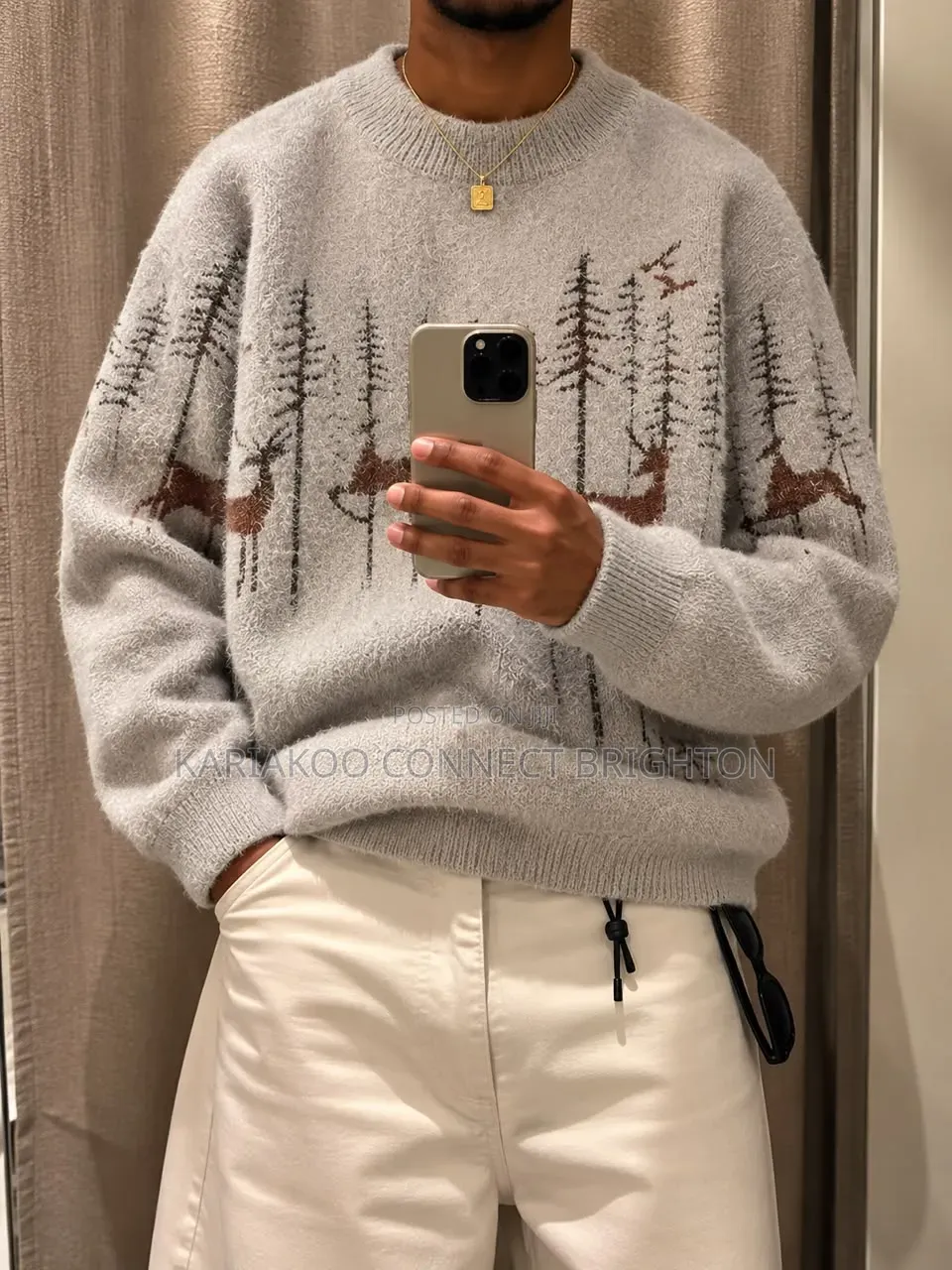 Grey Forest Deer Patterned Crewneck Sweater