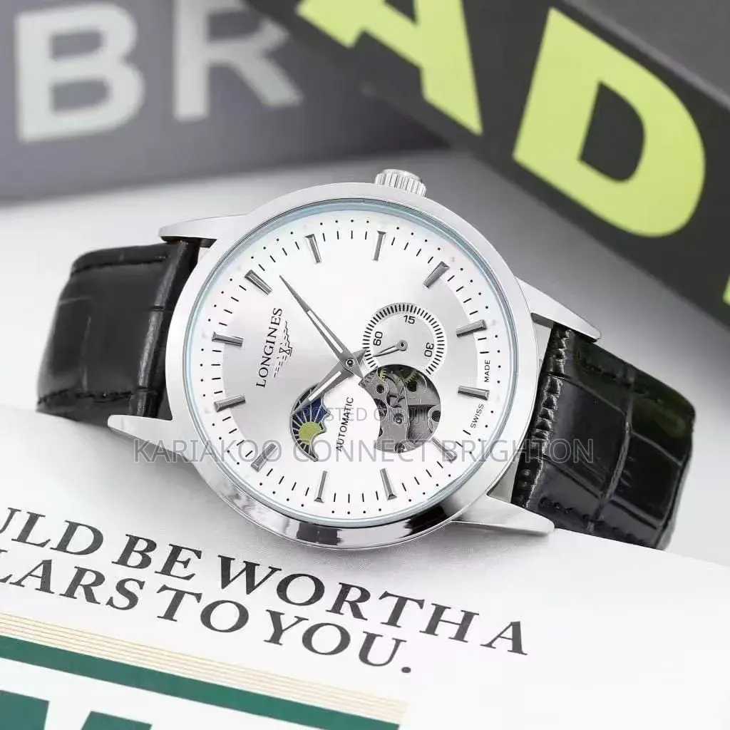 White Dial Automatic Watch With Black Leather Strap