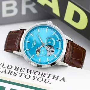 White Dial Automatic Watch With Black Leather Strap