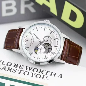 White Dial Automatic Watch With Black Leather Strap