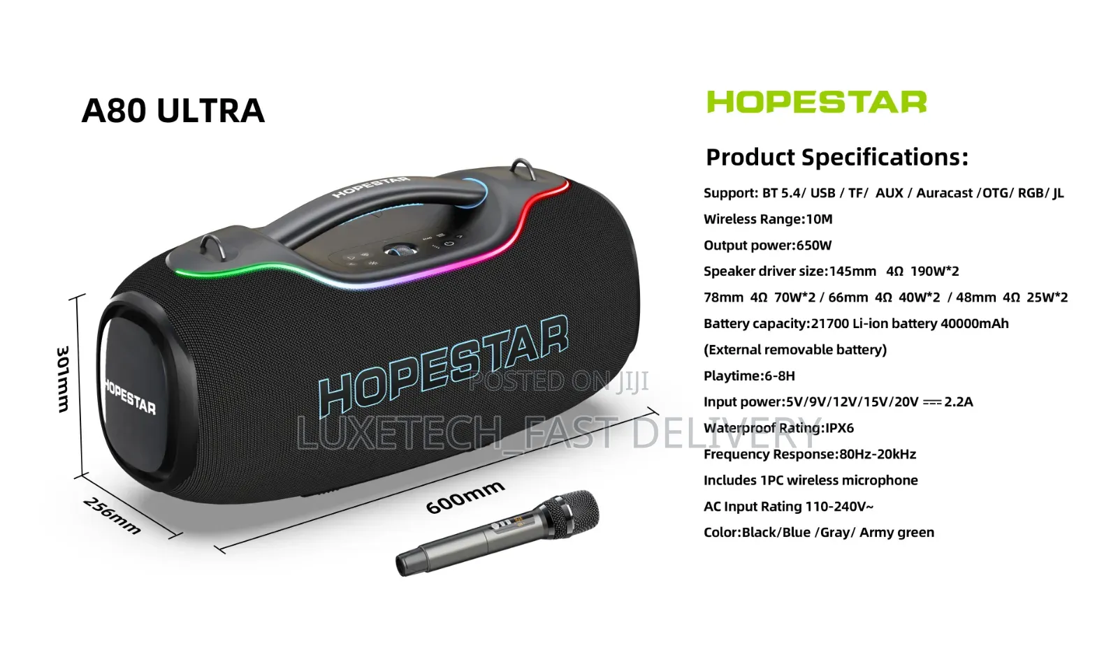 Hopestar A80 Ultra 650W Bluetooth Party Speaker –RGB Lights With 1 Mic