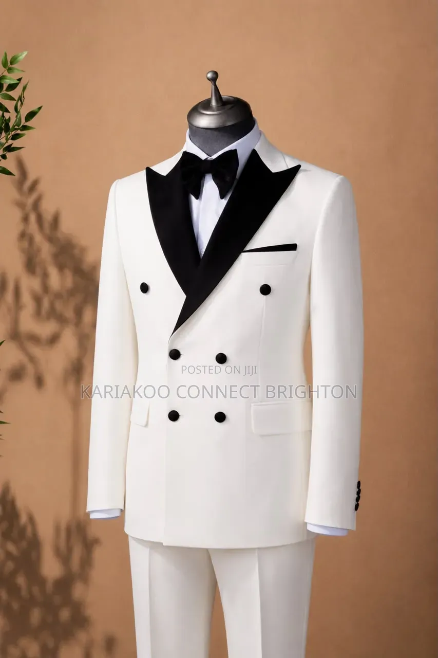 White and Black Contrast Lapel Double-Breasted Suit
