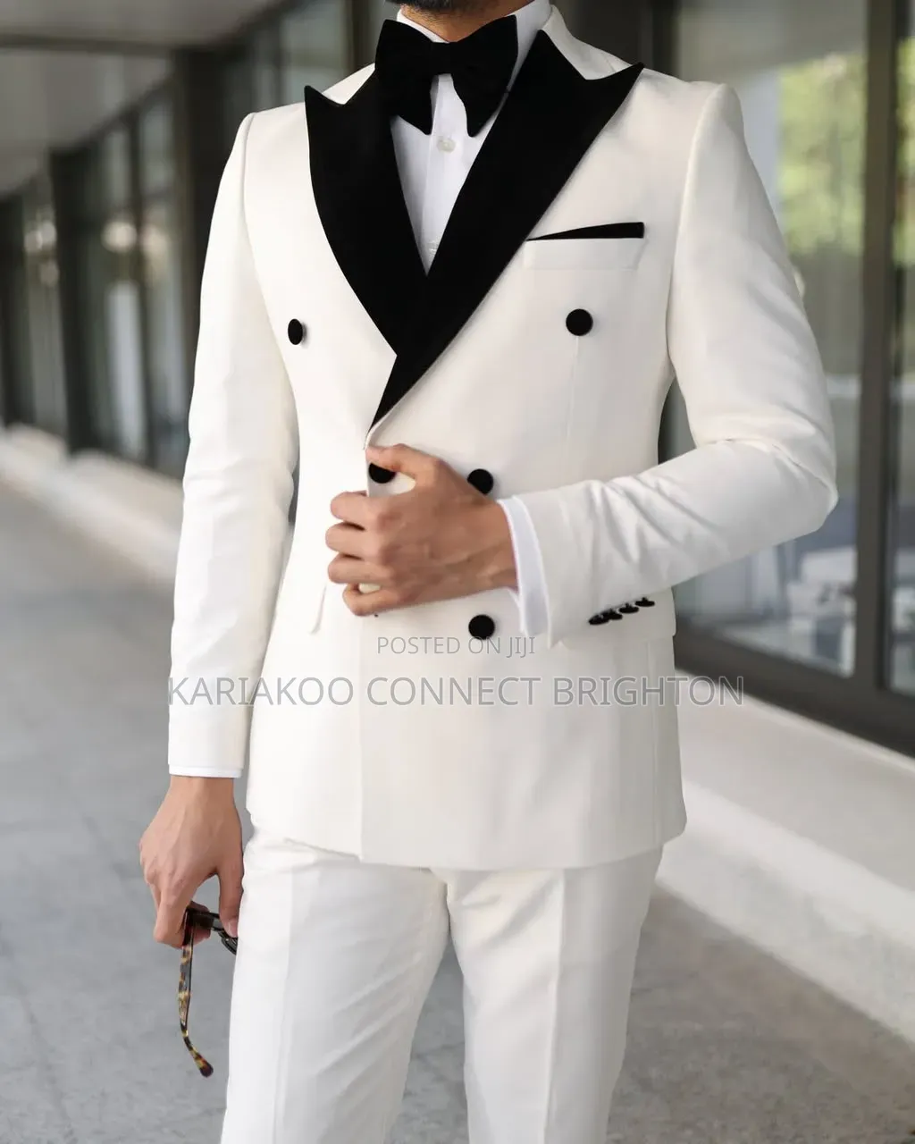 White and Black Contrast Lapel Double-Breasted Suit