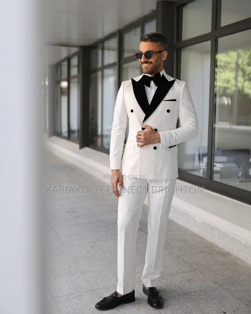 White and Black Contrast Lapel Double-Breasted Suit