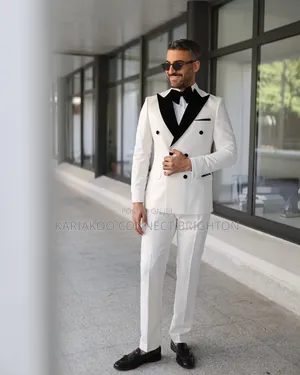 White and Black Contrast Lapel Double-Breasted Suit