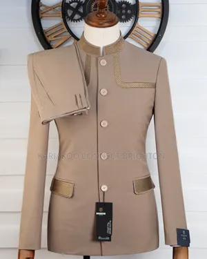 Beige Mandarin Collar Suit With Gold Embroidery Trim