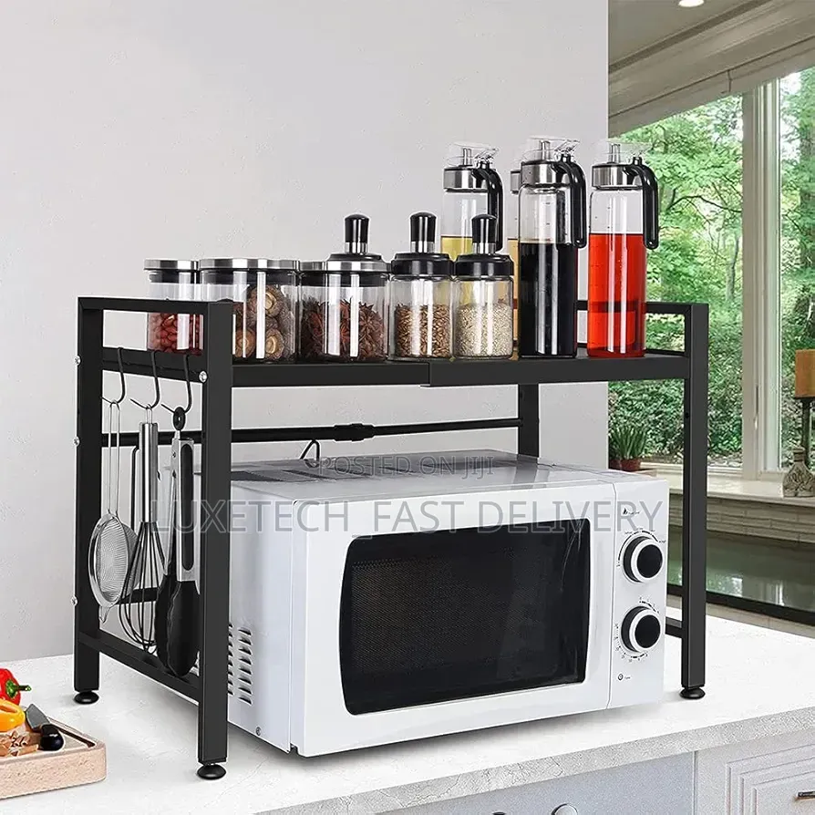 2-Tier Microwave Rack – Adjustable Storage Shelf With Hanging Hooks