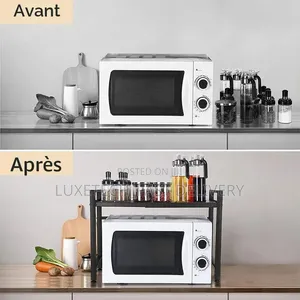 2-Tier Microwave Rack – Adjustable Storage Shelf With Hanging Hooks