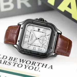 Cartiel Style Wristwatch Leather Strap Brown Black Case and White Face