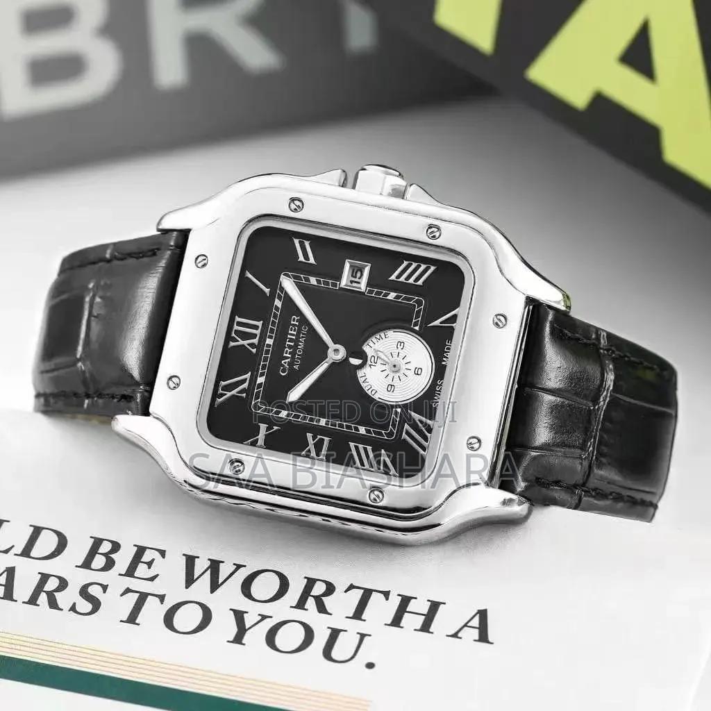 Cartiel Style Wristwatch Black Leather Strap Silver Case and Black Fac