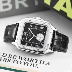 Cartiel Style Wristwatch Black Leather Strap Silver Case and Black Fac