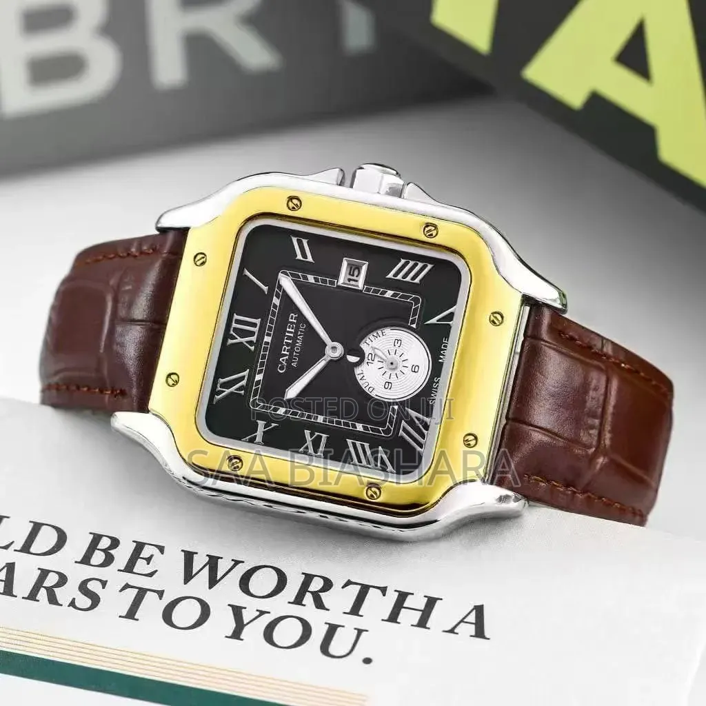 Cartiel Style Wristwatch Brown Leather Strap Gold Case Black Face Dial
