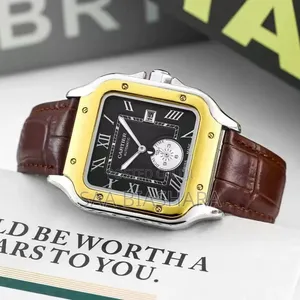 Cartiel Style Wristwatch Brown Leather Strap Gold Case Black Face Dial