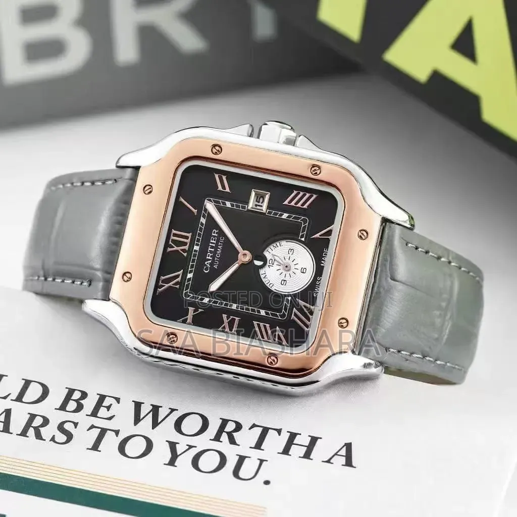 Cartiel Style Wristwatch Gray Leather Strap Rosegold Case Black Face