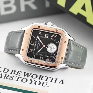 Cartiel Style Wristwatch Gray Leather Strap Rosegold Case Black Face