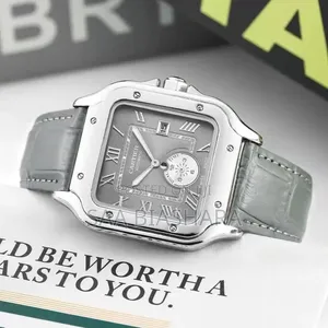 Cartiel Style Wristwatch Gray Leather Strap and Silver Case