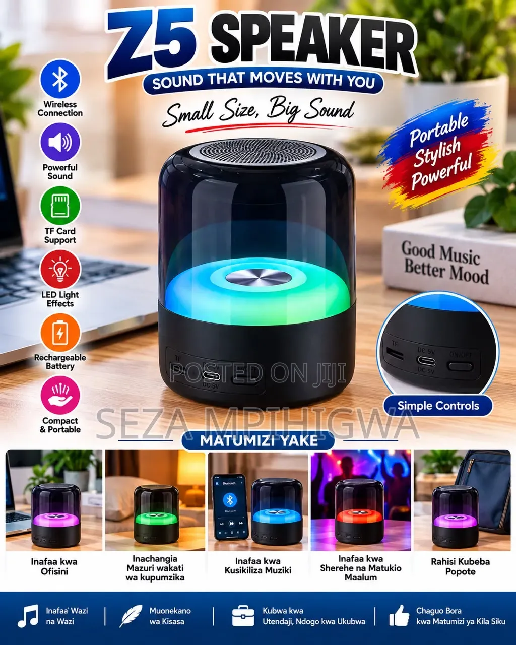​Mini Portable Speaker – Sauti Nje Ya Kipimo Na Taa Za Kisasa