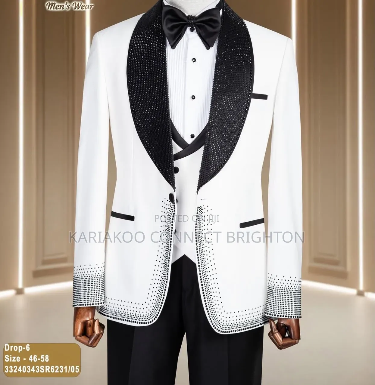 White and Black Crystal Studded Three-Piece Suit