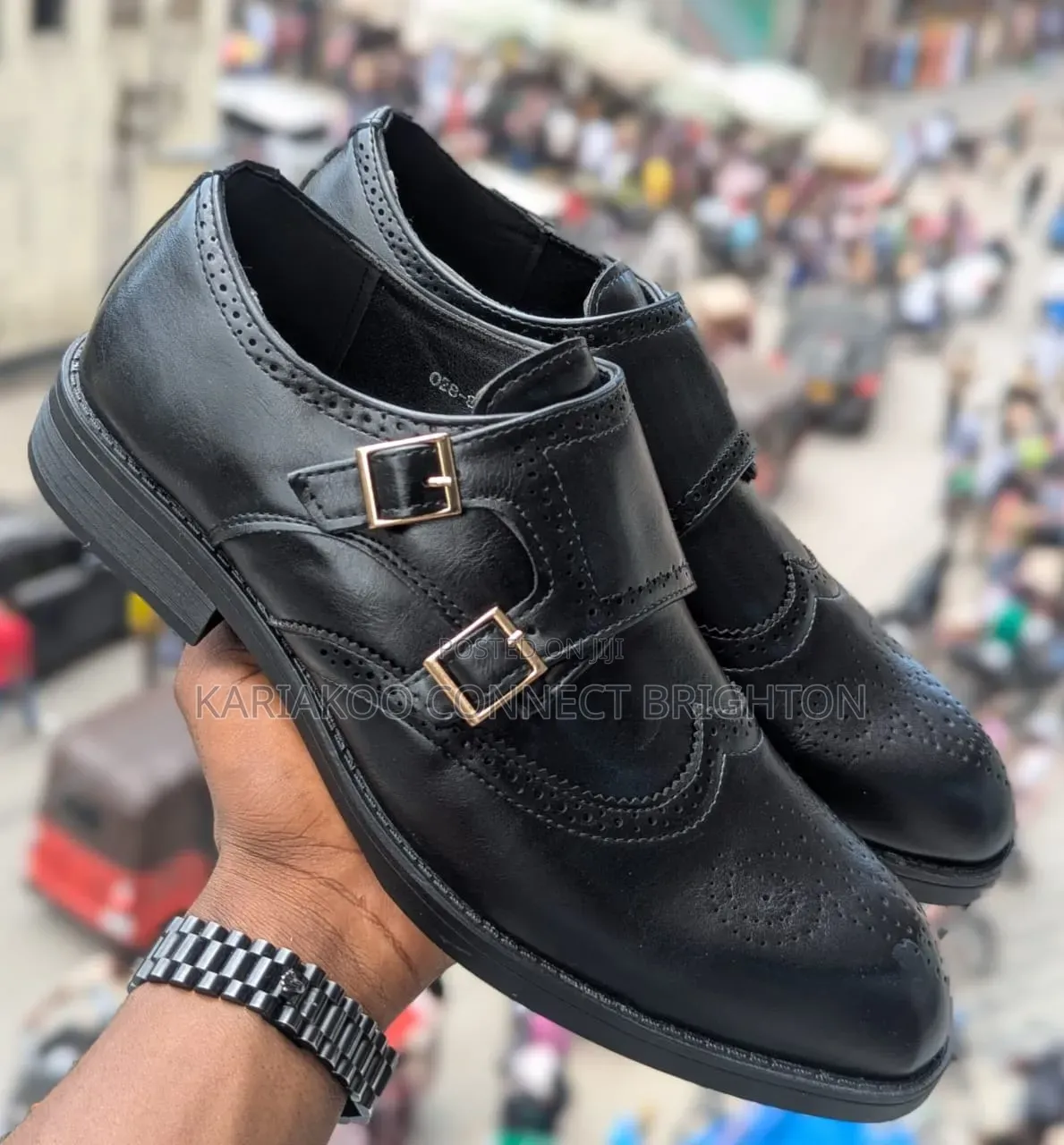 Black Double-Monk Strap Brogue Shoes
