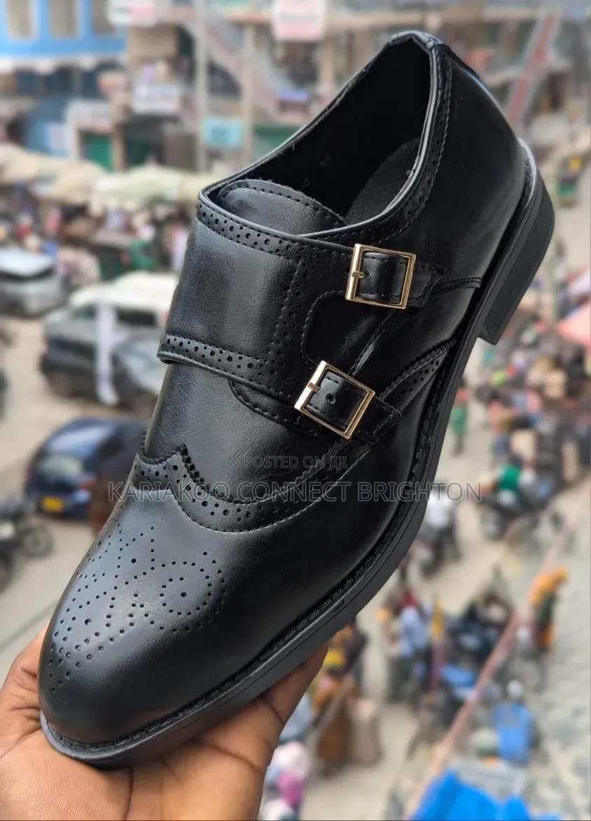 Black Double-Monk Strap Brogue Shoes