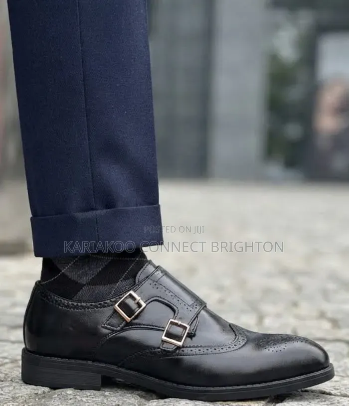 Black Double-Monk Strap Brogue Shoes