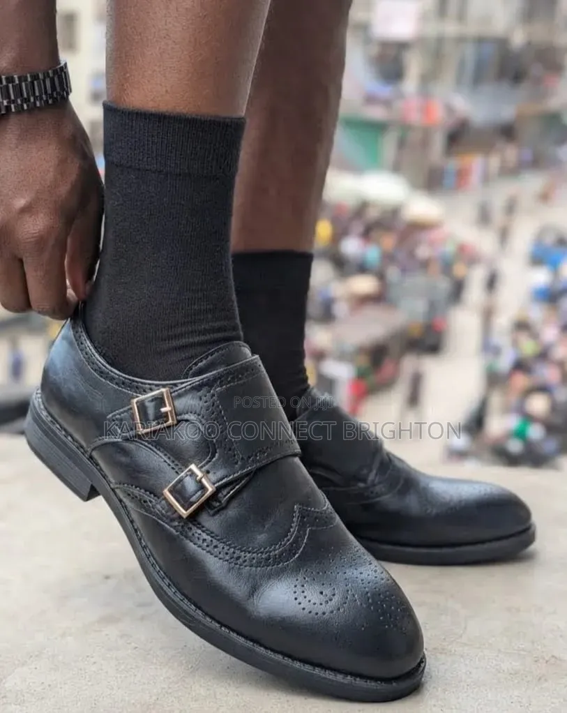 Black Double-Monk Strap Brogue Shoes