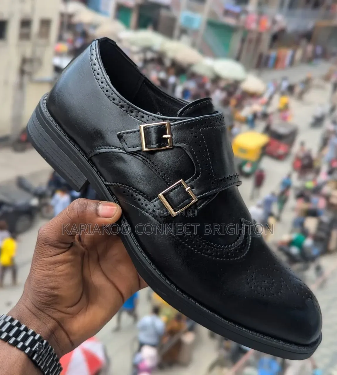 Black Double-Monk Strap Brogue Shoes
