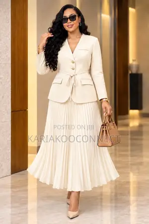 Elegant 2pc Belted Blazer Pleated Chiffon Skirt Set