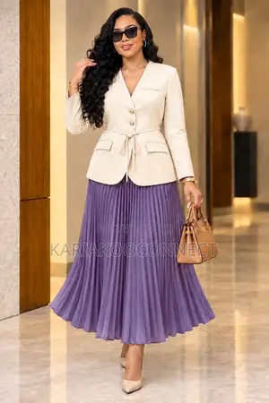 Elegant 2pc Belted Blazer Pleated Chiffon Skirt Set