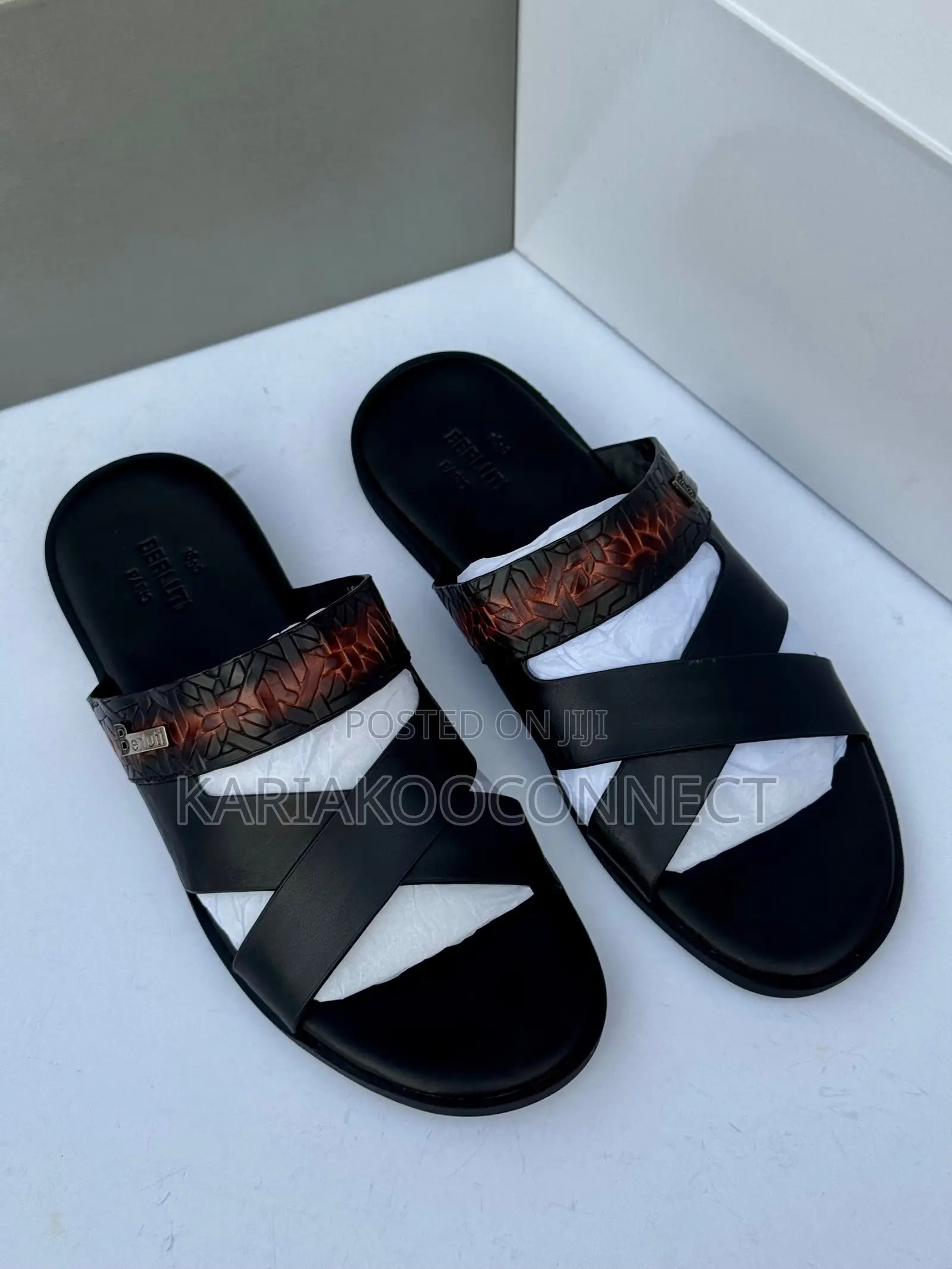Men's Black Leather Cross-Strap Slide Sandals