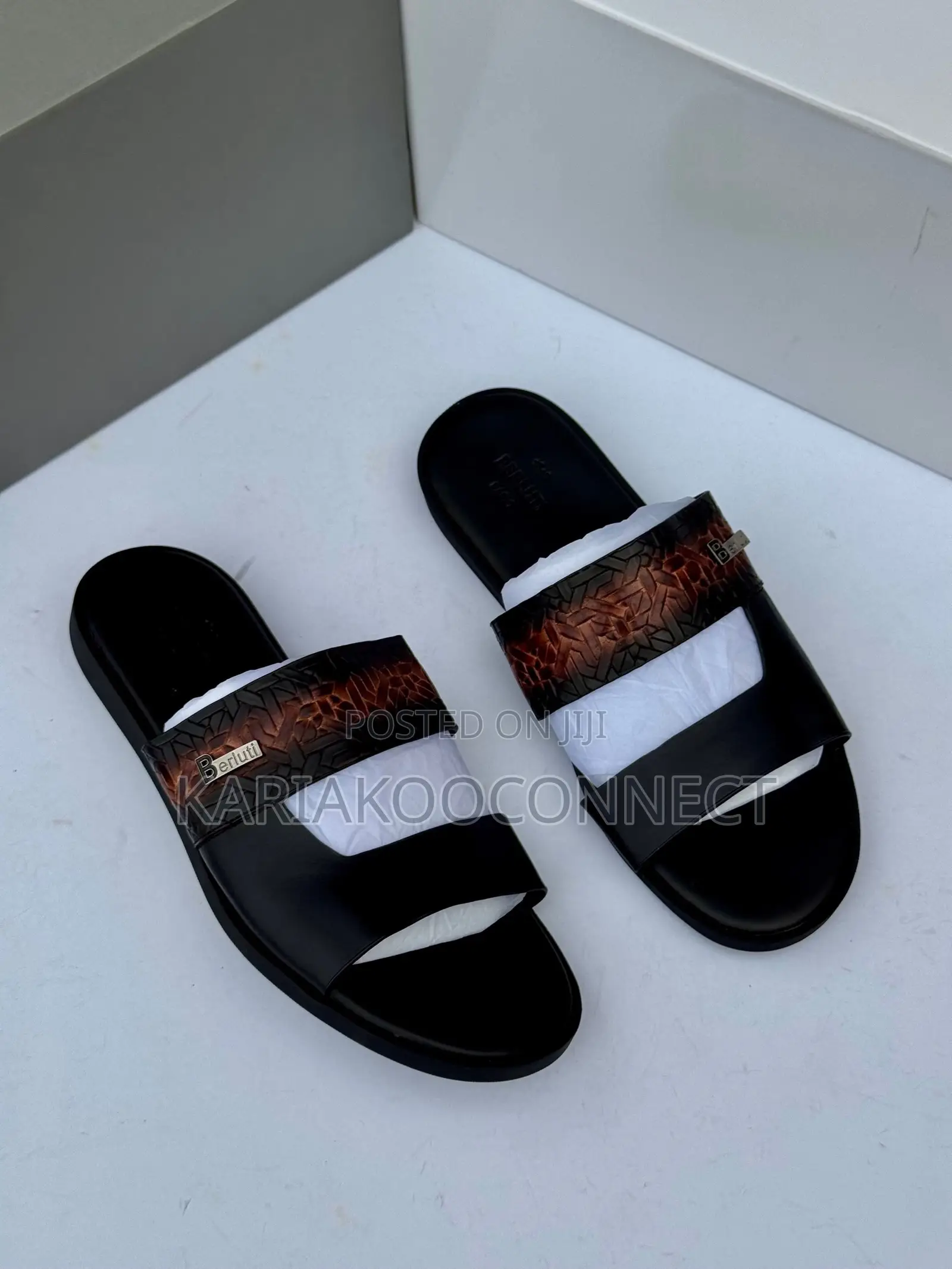 Men's Black Leather Cross-Strap Slide Sandals
