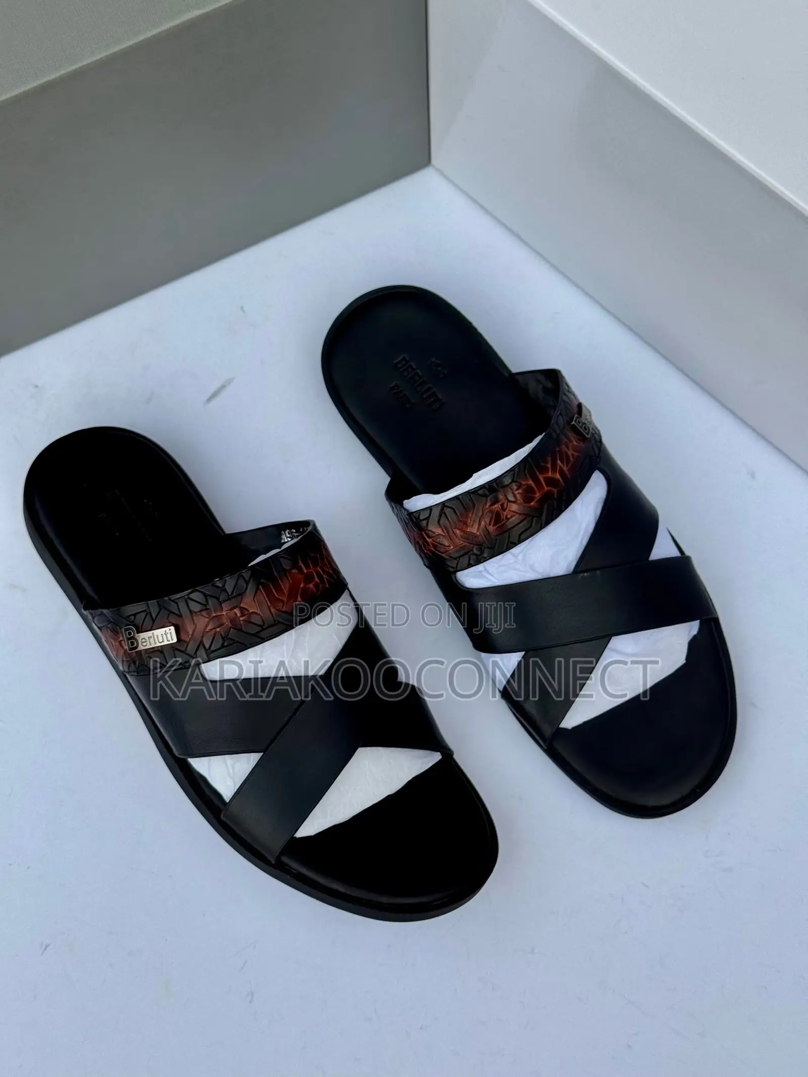 Men's Black Leather Cross-Strap Slide Sandals