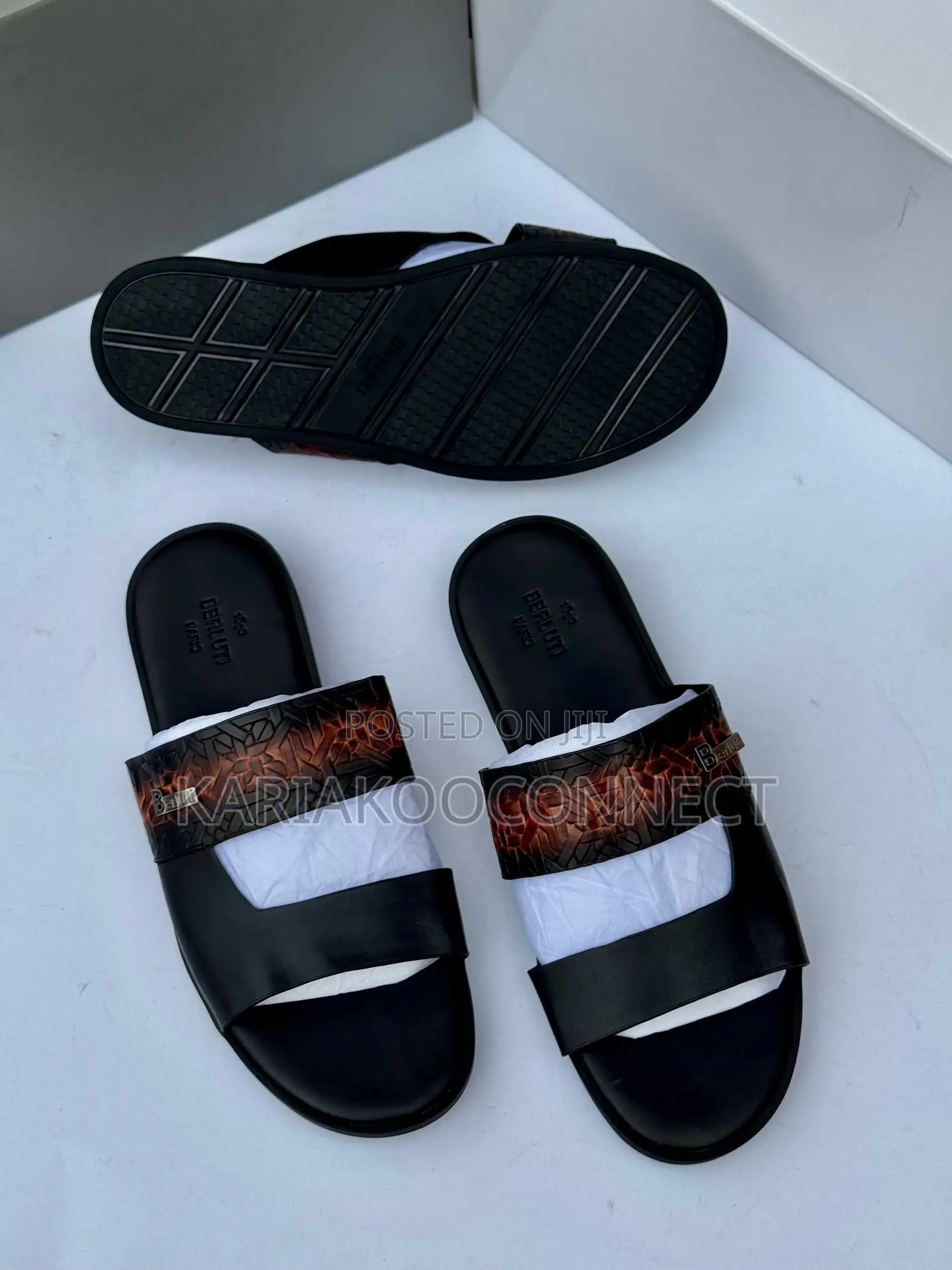 Men's Black Leather Cross-Strap Slide Sandals