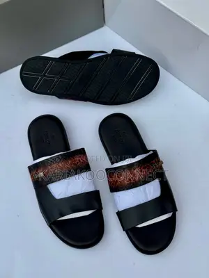Men's Black Leather Cross-Strap Slide Sandals