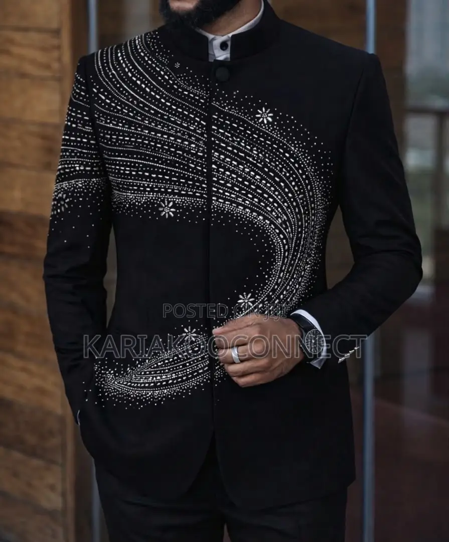 Men's Embellished Mandarin Collar 2-Piece Suit