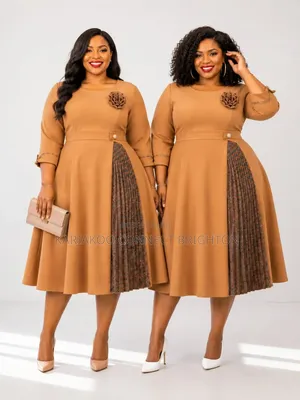 Brown Accent Pleated Women's Elegant Dress