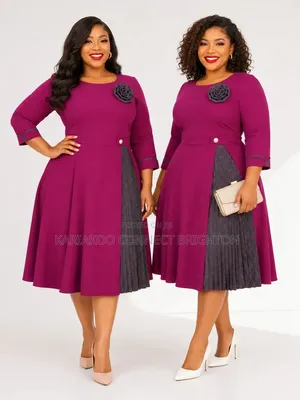 Brown Accent Pleated Women's Elegant Dress