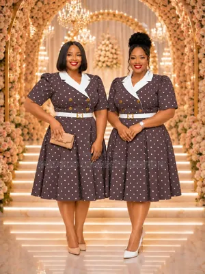 Brown Polka Dot Collared Women's Elegant Dress
