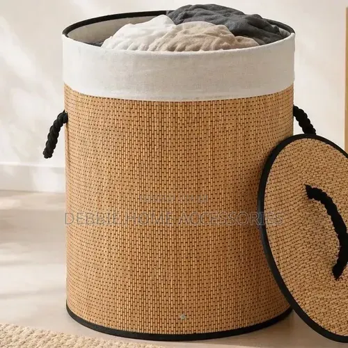 Round, Lidded Bamboo Laundry Basket