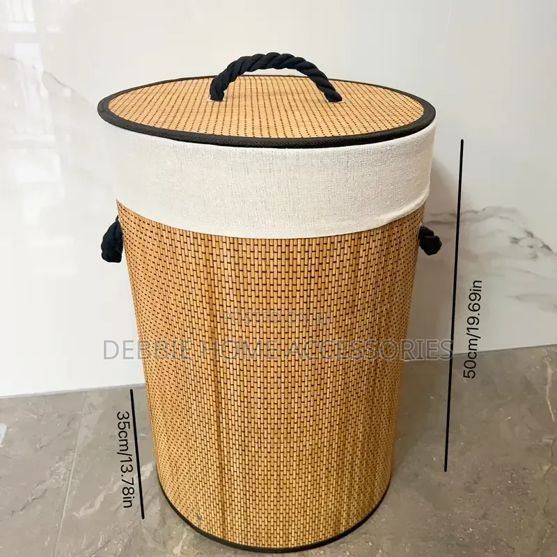 Round, Lidded Bamboo Laundry Basket