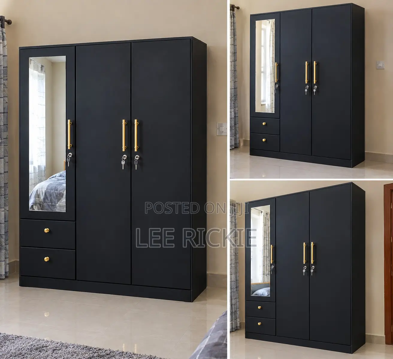 Modern 3-Door Bedroom Wardrobe With Mirror Drawers
