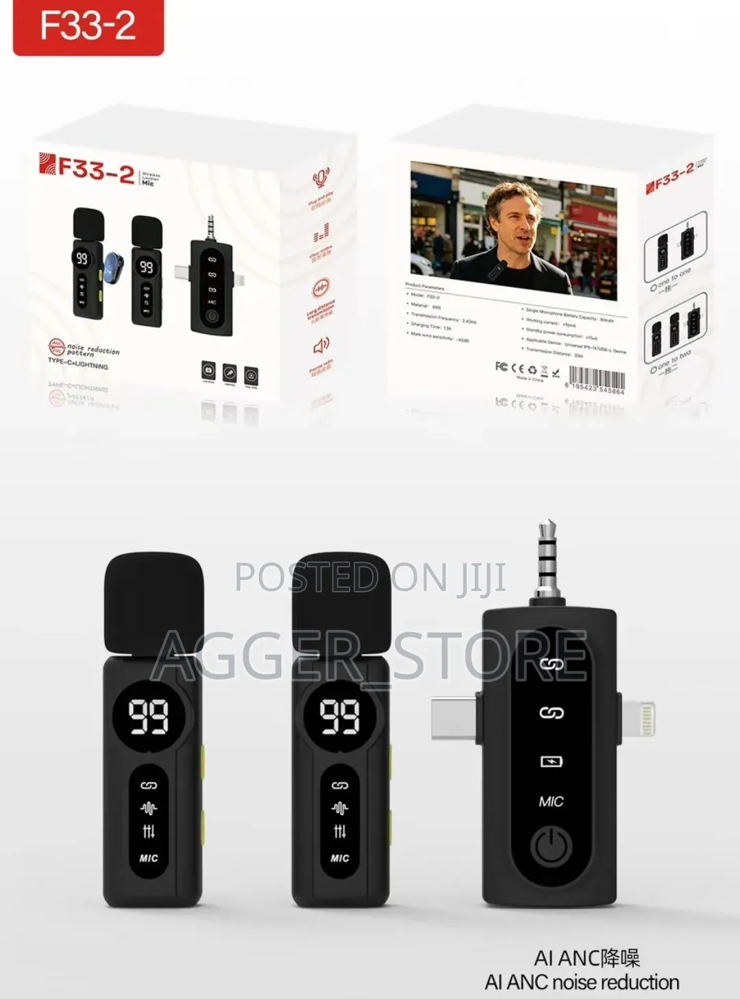 F33-2 Dual Wireless Lavalier Microphone With Battery Display, AI ANC