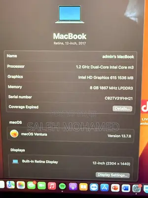 Laptop Apple MacBook 2017 8GB Intel SSD 256GB