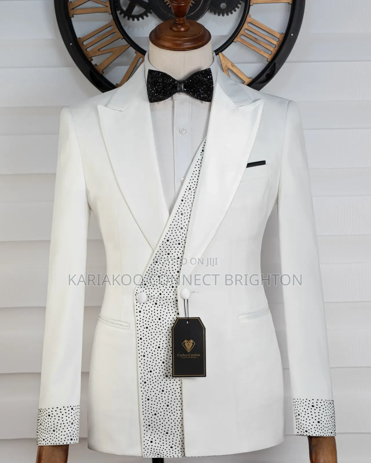 White Black Embellished Three-Piece Suit