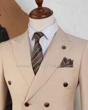 Beige Double-Breasted Three-Piece Suit
