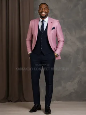 Pink Blazer Navy Blue Three-Piece Suit JPG
