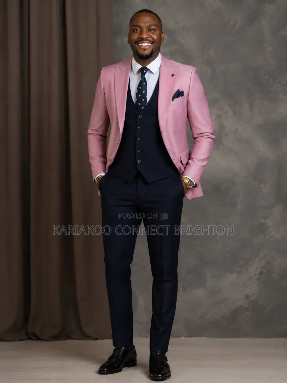 Pink Blazer Navy Blue Three-Piece Suit JPG